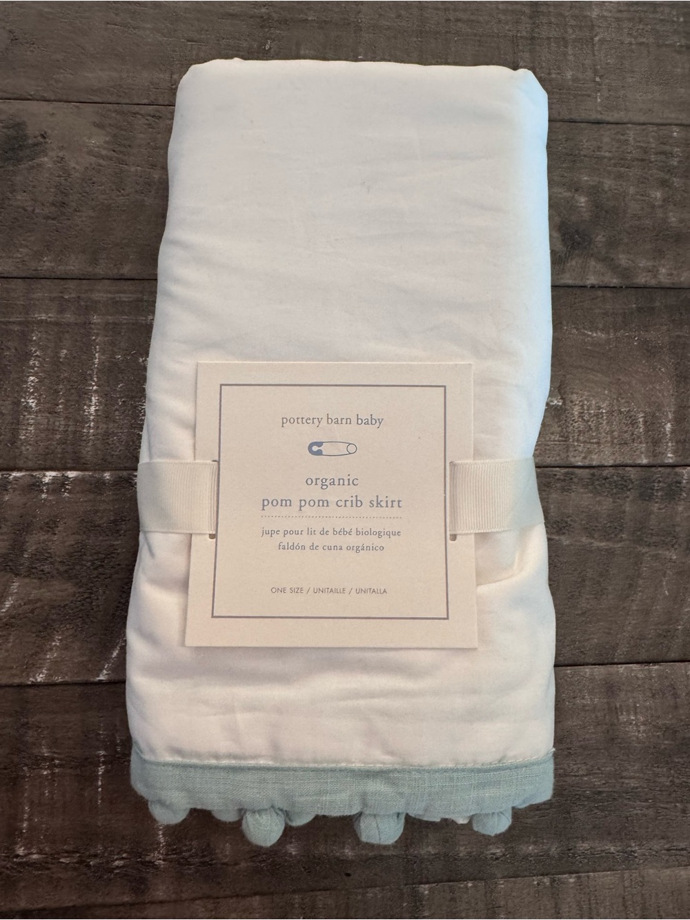 Pottery Barn Baby White Crib Skirt with Light green Pom Pom edging, new